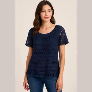 Chelsea & Theodore Navy Blue Cropped Lace Embellished Knit Crochet Blouse Sz XL